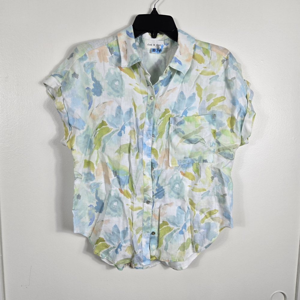Anthropologie Cloth & Stone Pastel Watercolor Short Sleeve Linen Button Top Smal
